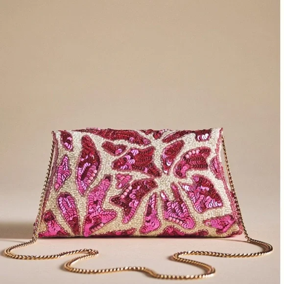 Anthropologie Sequin Scalloped Clutch Bag Pink - Picture 3 of 4